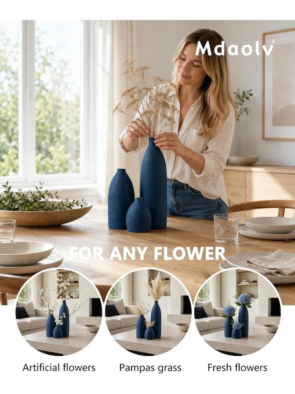 Matte Blue Vase Set Coastal Island Living Room Office Table Fireplace Shelf Deco